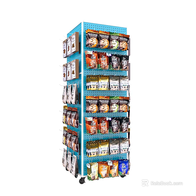 Blue Multiple Layer Display Shelf Organized with Assorted Packaged Snacks in Retail Store 3d model