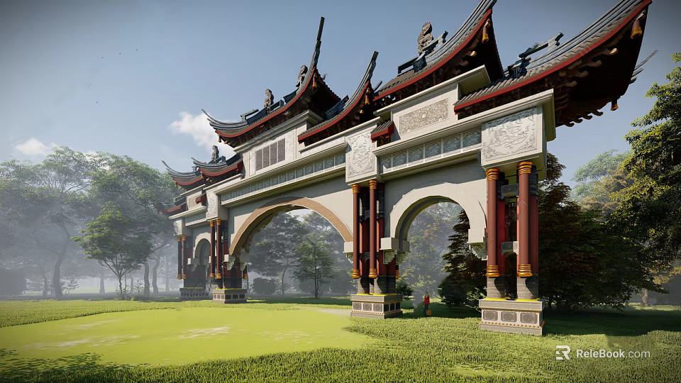 Traditional Chinese Memorial Archway with Curved Eaves Carved Decorations Red Pillars Green Lawn And Trees 3d model 