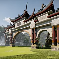 Traditional Chinese Memorial Archway with Curved Eaves Carved Decorations Red Pillars Green Lawn And Trees
