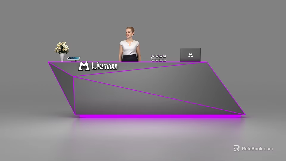 Modern Gray Reception Desk With Purple LED Lights Liemu Logo Flower Vase Laptop And Staff 3d model 