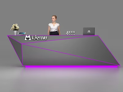 Modern Gray Reception Desk With Purple LED Lights Liemu Logo Flower Vase Laptop And Staff 3d model