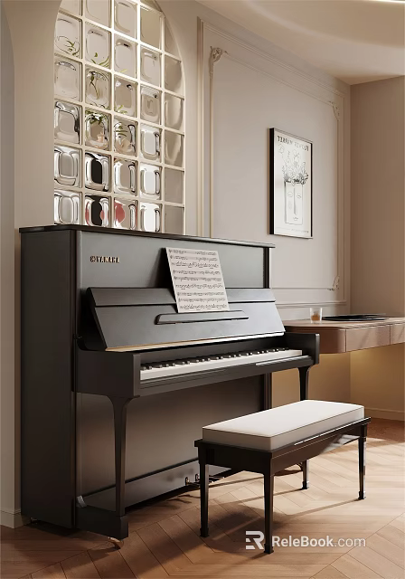 Elegant Piano Room Featuring Black Piano Music Sheet White Bench Decorative Mirror Wall and Artwork 3d model 