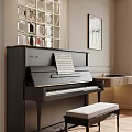 Elegant Piano Room Featuring Black Piano Music Sheet White Bench Decorative Mirror Wall and Artwork
