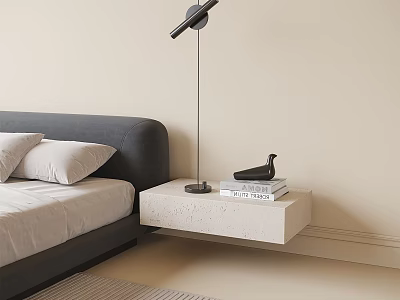 Modern Floating Nightstand In Minimalist Bedroom With Gray Headboard Black Table Lamp Stack Of Books And Decorative Bird 3d model