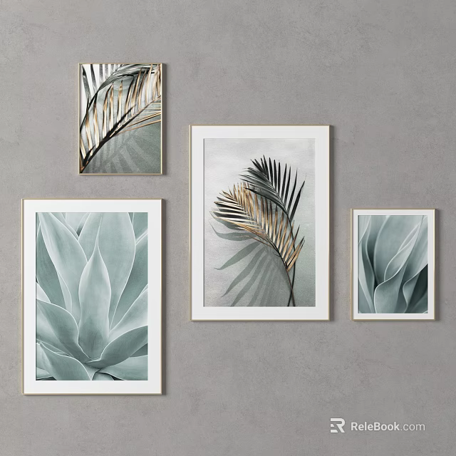 Plant Leaf Wall Art Decorative Prints With White Frames On Gray Wall 3d model