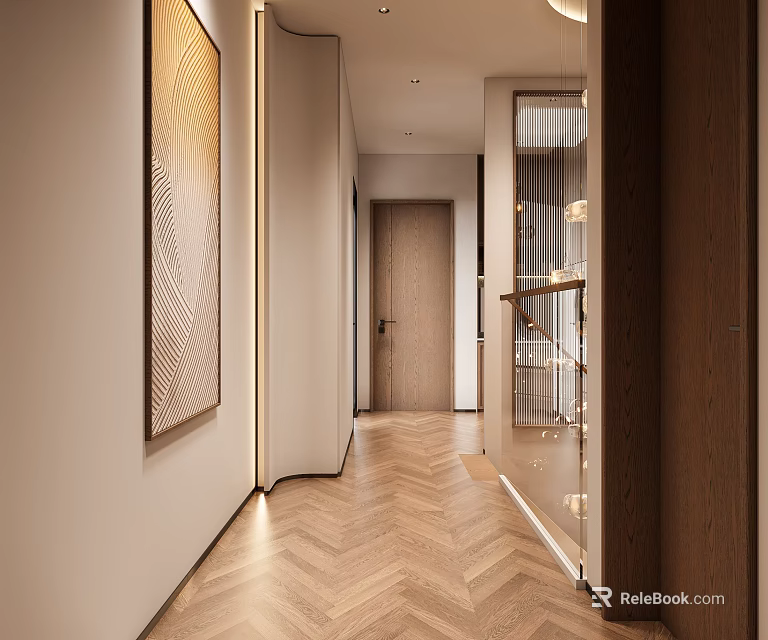 Modern Hallway Interior With Herringbone Wooden Floor Decorative Artwork And Warm Lighting 3d model 