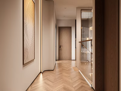 Modern Hallway Interior With Herringbone Wooden Floor Decorative Artwork And Warm Lighting 3d model