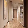 Modern Hallway Interior With Herringbone Wooden Floor Decorative Artwork And Warm Lighting