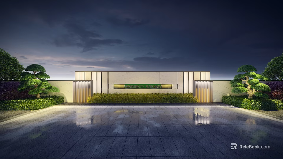 Modern Scenic Wall at Night with Illuminated Lighting Green Plants and Stone Material 3d model 
