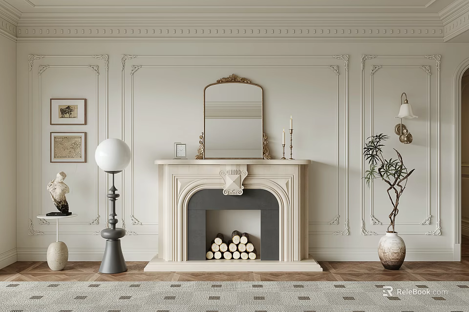 Elegant Classic Interior Fireplace With Mirror Stacked Firewood And Decorative Elements 3d model