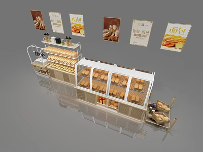 Bakery Display Shelves With Glass Cases Fresh Bread And Wall Posters 3d model