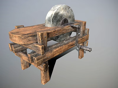 Traditional Wooden Stone Mill with Circular Millstone and Rustic Wooden Stand 3d model