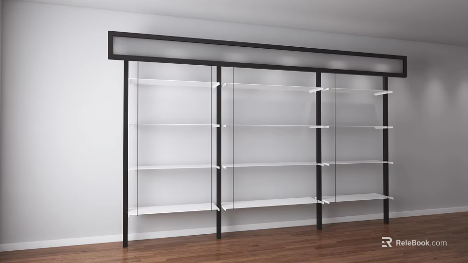 Modern Storage Shelf Unit With Black Frame White Shelves Against White Wall And Wooden Floor 3d model 