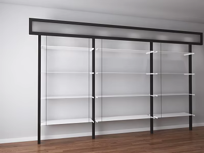 Modern Storage Shelf Unit With Black Frame White Shelves Against White Wall And Wooden Floor 3d model