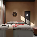 SPA Sauna Room Interior With Two Massage Beds Gray Sheets Red Petals and Towels