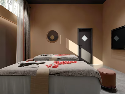 SPA Sauna Room Interior With Two Massage Beds Gray Sheets Red Petals and Towels 3d model