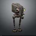 Rusty Metal Robot With Four Mechanical Legs And Yellow Head Light