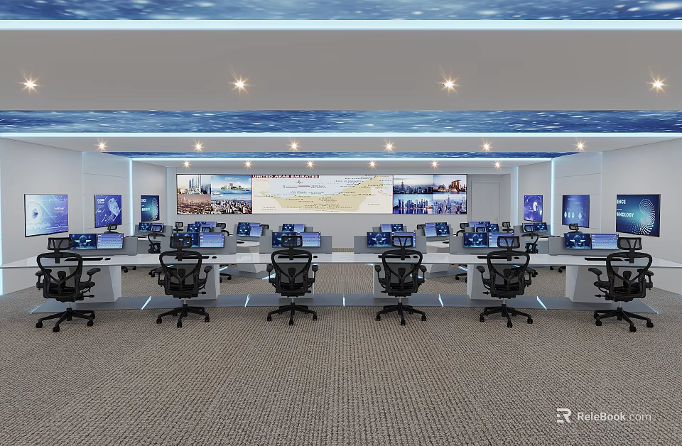 Modern Security Control Room with Multiple Monitor Screens Control Desks and Ergonomic Chairs 3d model 