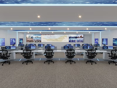 Modern Security Control Room with Multiple Monitor Screens Control Desks and Ergonomic Chairs 3d model