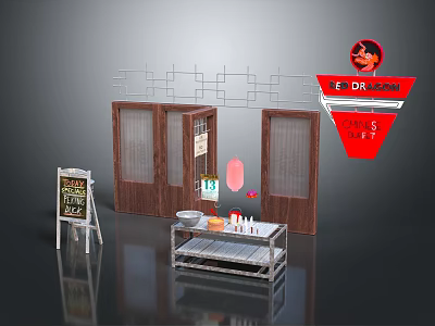 Stylish DR DRESS Store Front With Wooden Double Doors Chalkboard Sign And Metal Shelf Table 3d model
