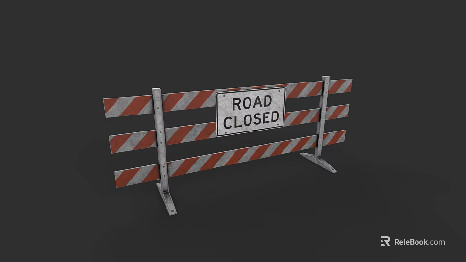 Red And White Striped Road Barrier With Road Closed Sign For Traffic Control 3d model 