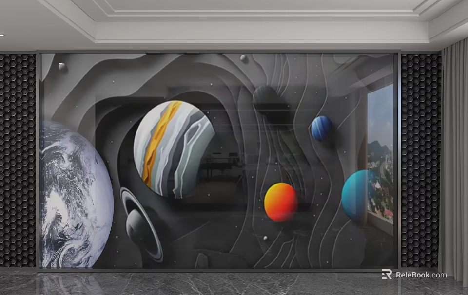 3D Space Themed Wall Mural With Earth And Colorful Planets And Wave Patterns 3d model 