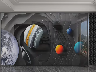 3D Space Themed Wall Mural With Earth And Colorful Planets And Wave Patterns 3d model