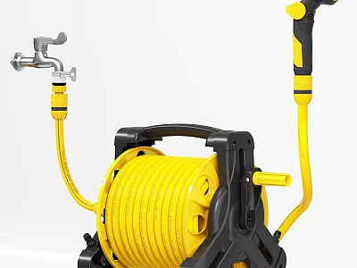 Yellow Garden Hose Reel With Water Tap And Spray Gun As Daily Electrical Appliance 3d model