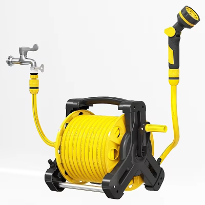 Yellow Garden Hose Reel With Water Tap And Spray Gun As Daily Electrical Appliance 3d model