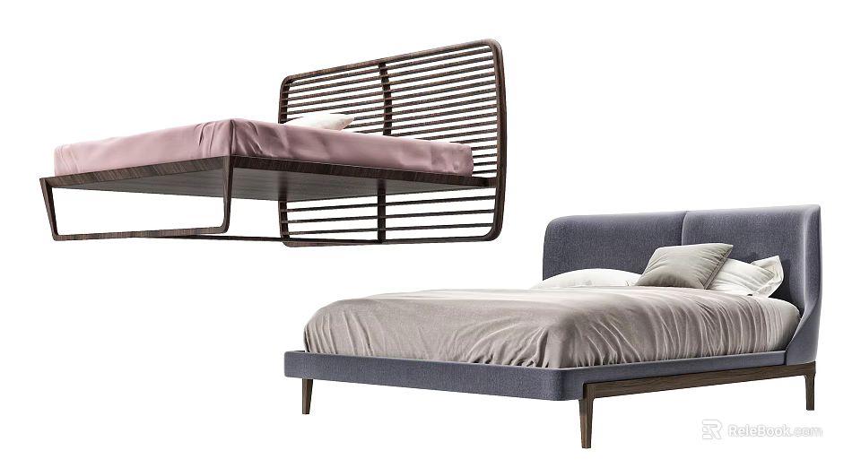 Modern Double Bed Design Featuring Slatted Headboard And Soft Pink Gray Bedding 3d model 