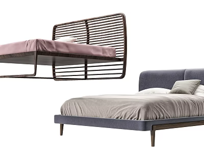 Modern Double Bed Design Featuring Slatted Headboard And Soft Pink Gray Bedding 3d model