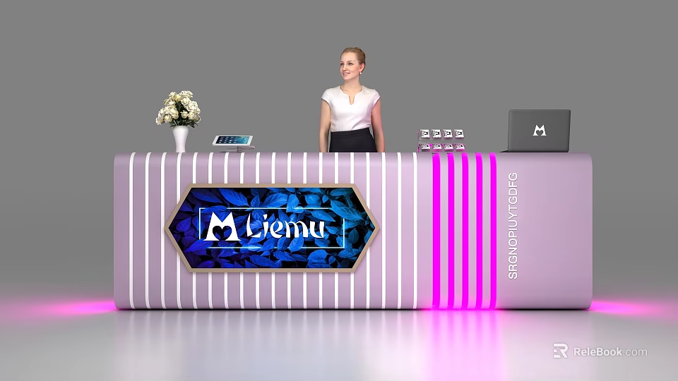 Purple And White Striped Reception Desk With Blue Miemu Logo Flower Vase Tablet And Laptop 3d model 
