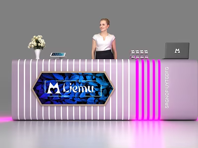 Purple And White Striped Reception Desk With Blue Miemu Logo Flower Vase Tablet And Laptop 3d model