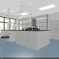 Modern Laboratory Interior With Lab Benches Pendant Lights Storage Cabinets And Blue Flooring
