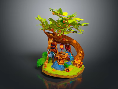 Cartoon Scene Featuring Curved Tree Green Leaves Hanging Swing Blue Pond And Orange Fruits 3d model