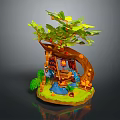 Cartoon Scene Featuring Curved Tree Green Leaves Hanging Swing Blue Pond And Orange Fruits