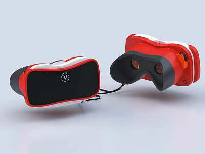 Red and White Computer VR Headset with Black Control Panel and Connected Cable 3d model