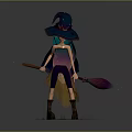 Young Witch In Colorful Cloak Holding Purple Broom With Orange Sprites And Green Glow