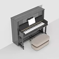 Classic Black Upright Piano with Open Music Sheet and Beige Piano Stool