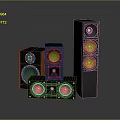 Modern Home Audio Speakers With Different Sizes And Orange Drivers Design