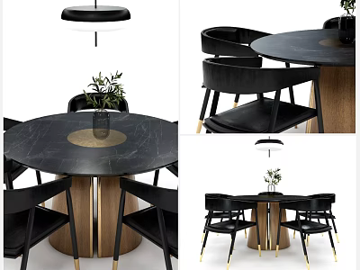 Round Black Marble Dining Table Set With Wooden Legs Gold Accent Chairs And Hanging Lamp 3d model