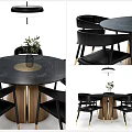 Round Black Marble Dining Table Set With Wooden Legs Gold Accent Chairs And Hanging Lamp