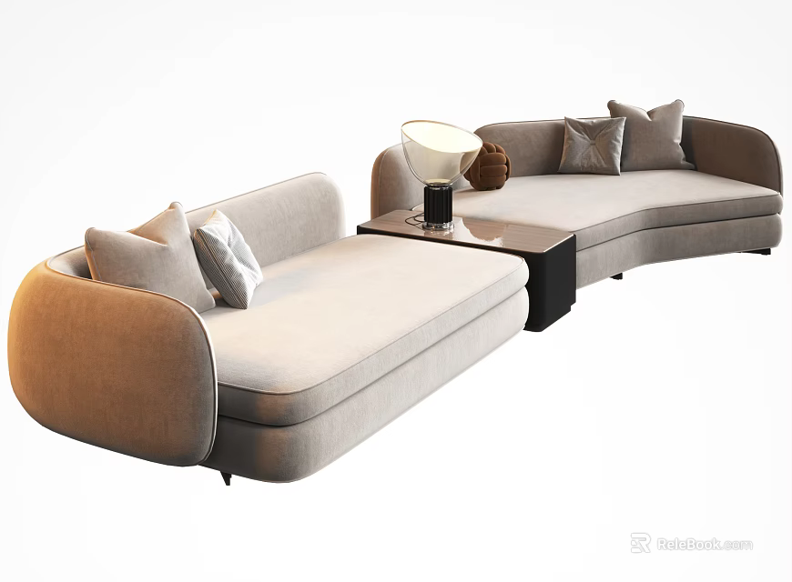 Modern Beige Sectional Sofa With Soft Plush Pillows Side Table And Decorative Lamp 3d model