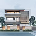 Modern Detached Villa With Layered Design Balcony Brick Exterior And Green Trees