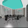 Modern Conference Room with Long Black Table Ergonomic Chairs Large Windows Curtains and Ceiling Light
