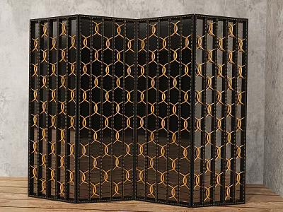 Modern Geometric Room Divider With Black Frame And Gold Hexagonal Pattern Details 3d model