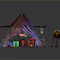Cartoon Scene With Colorful Tent String Lights Table Chairs Rug And Camel