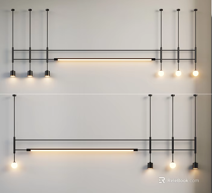 Modern Linear Pendant Light With Black Metal Frame And Multiple Illuminated Bulbs 3d model