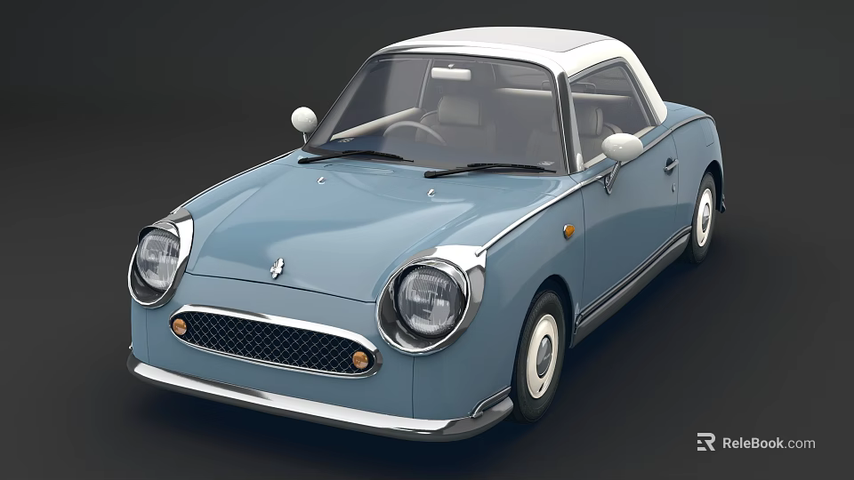 Light Blue Vintage Convertible Car With White Top And Round Headlights 3d model 