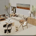 Modern Sofa Coffee Table Set With Cozy Rug Wooden Chair Pillows And Wall Painting